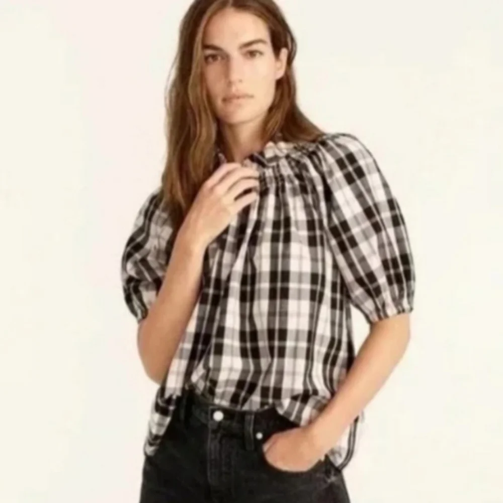 J. Crew Floral Short Puff Sleeve Black Plaid Blouse Size Medium